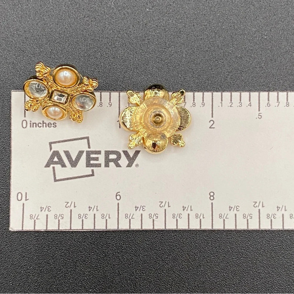 Dainty Faux Pearl and Gold Tone Stud Earrings pierced - Picture 9 of 11